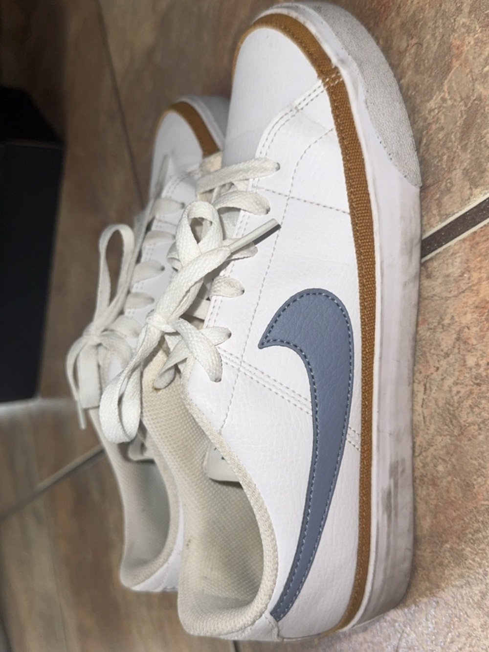 Nike White Sneakers with Slate Blue Swoosh and Tan Trim